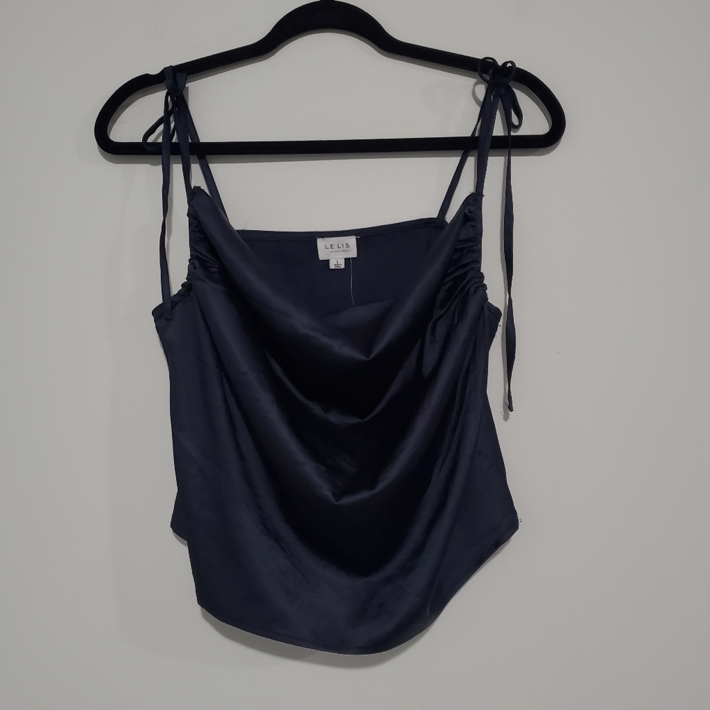 Le Lis Satin Cowl Neck Spaghetti Strap Tank Top Elegant Navy Blue Size Large NWT